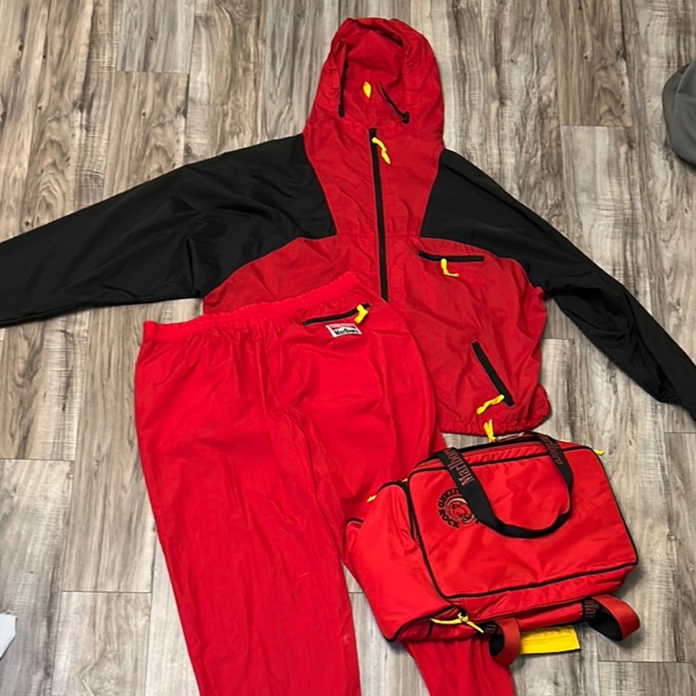 Marlboro Red and Black Set, including pants, jacket, and bag